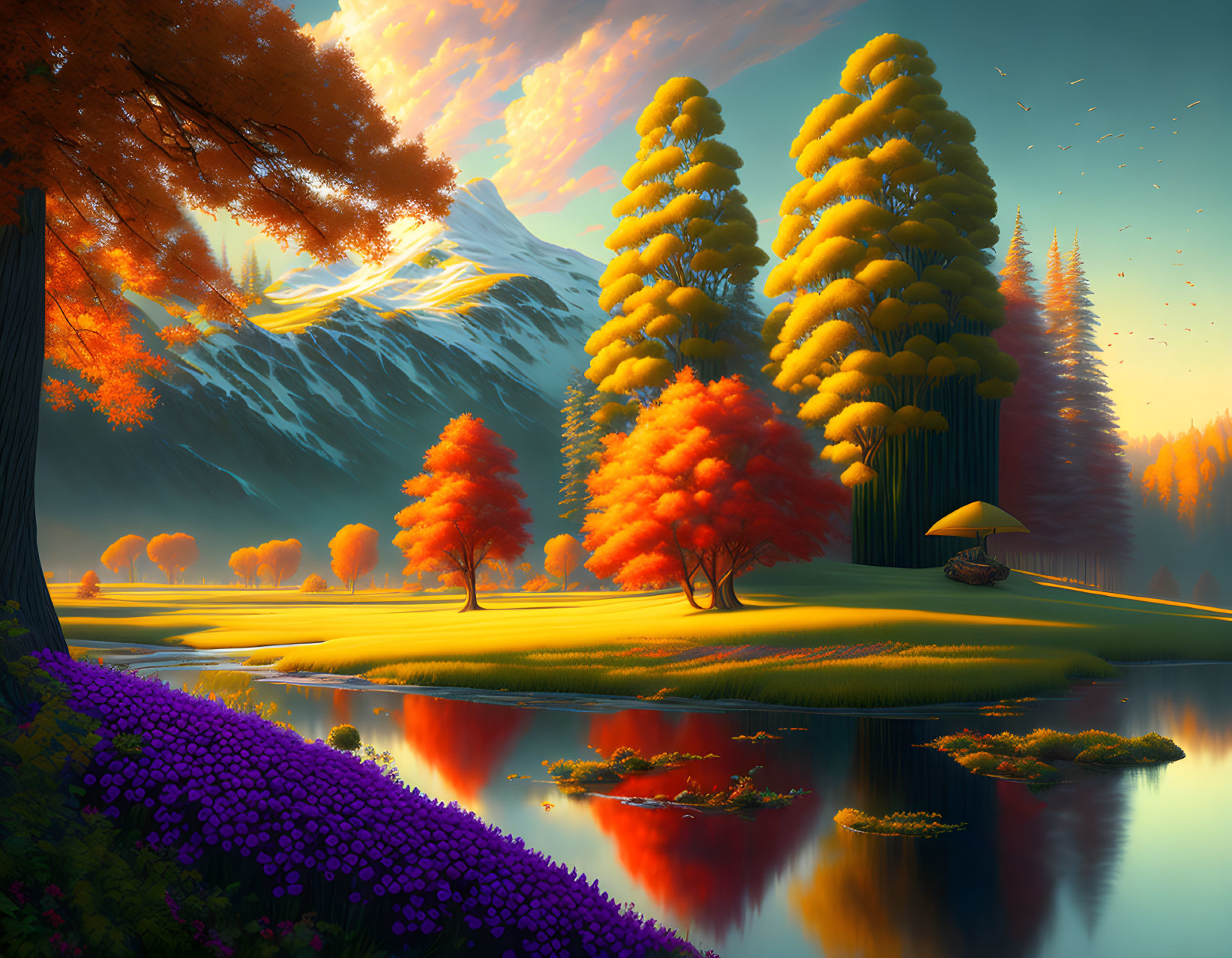 Vibrant autumn trees, calm lake, hut, and mountains in scenic image