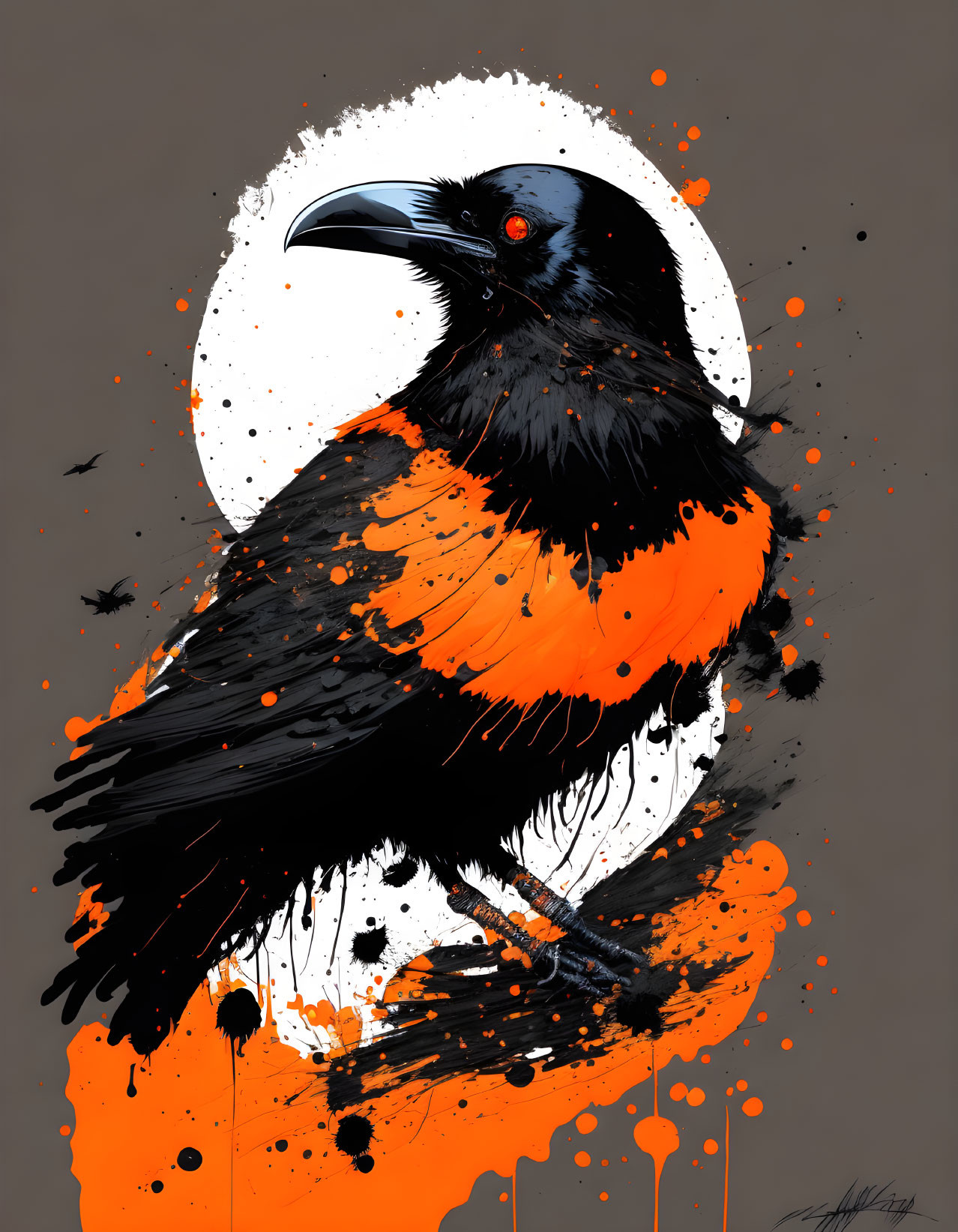 Stylized black crow with orange splashes on gray background and white circular motif