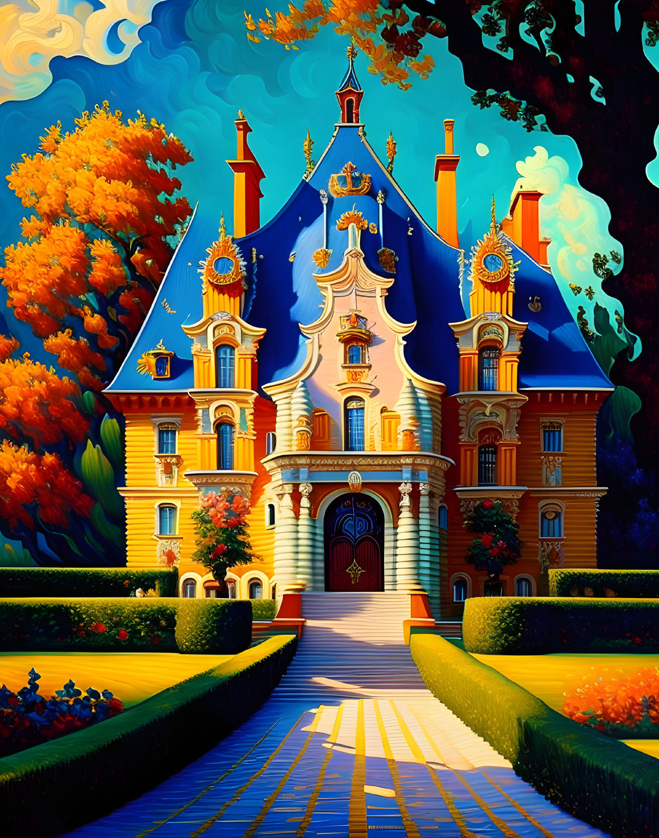 Colorful painting of ornate chateau and gardens under vibrant sky