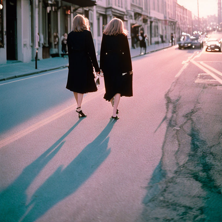 Women holding hands walking down street at sunset with long shadows