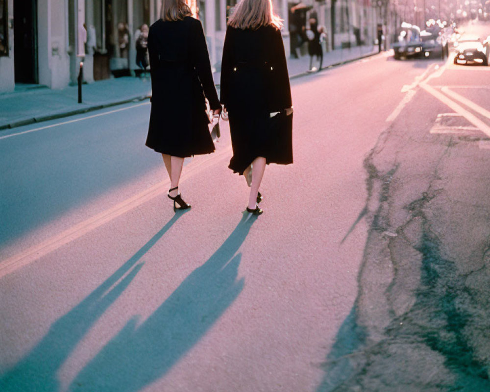 Women holding hands walking down street at sunset with long shadows