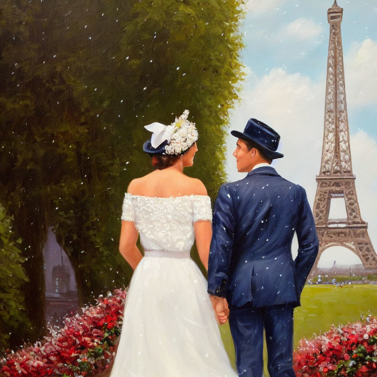 Wedding couple holding hands at Eiffel Tower garden.