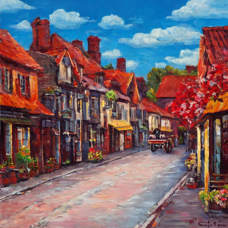 Colorful Traditional Street Scene Oil Painting with Horse-Drawn Carriage