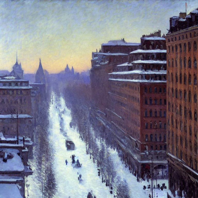 Snow-covered winter cityscape with horse-drawn carriages and distant city silhouettes.