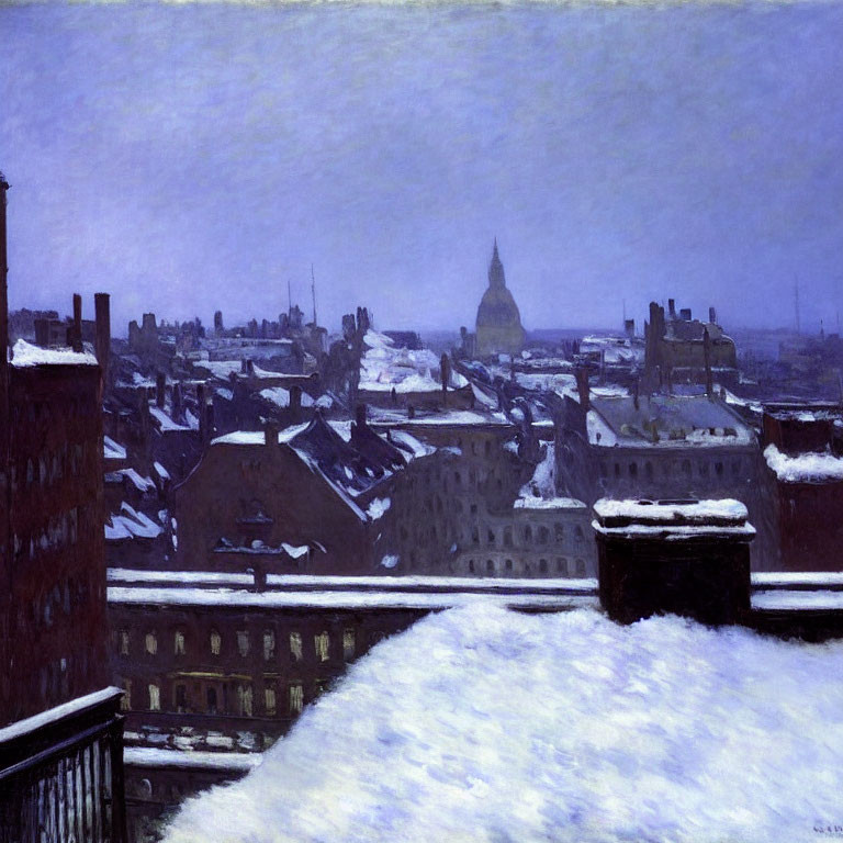 Winter cityscape: Snow-covered rooftops and distant dome architecture under cold, overcast sky