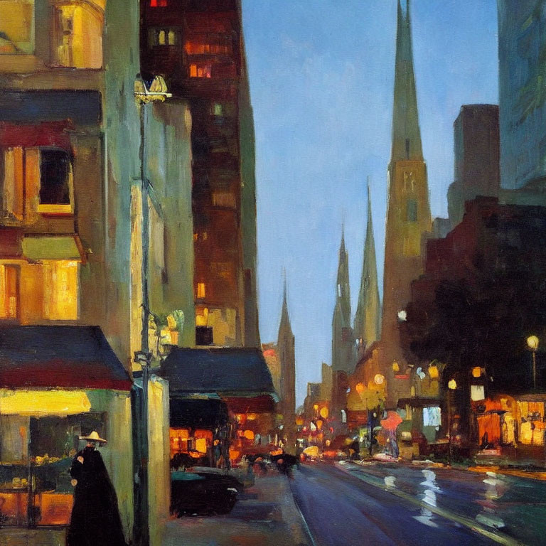 Vibrant city street painting at dusk with illuminated buildings.