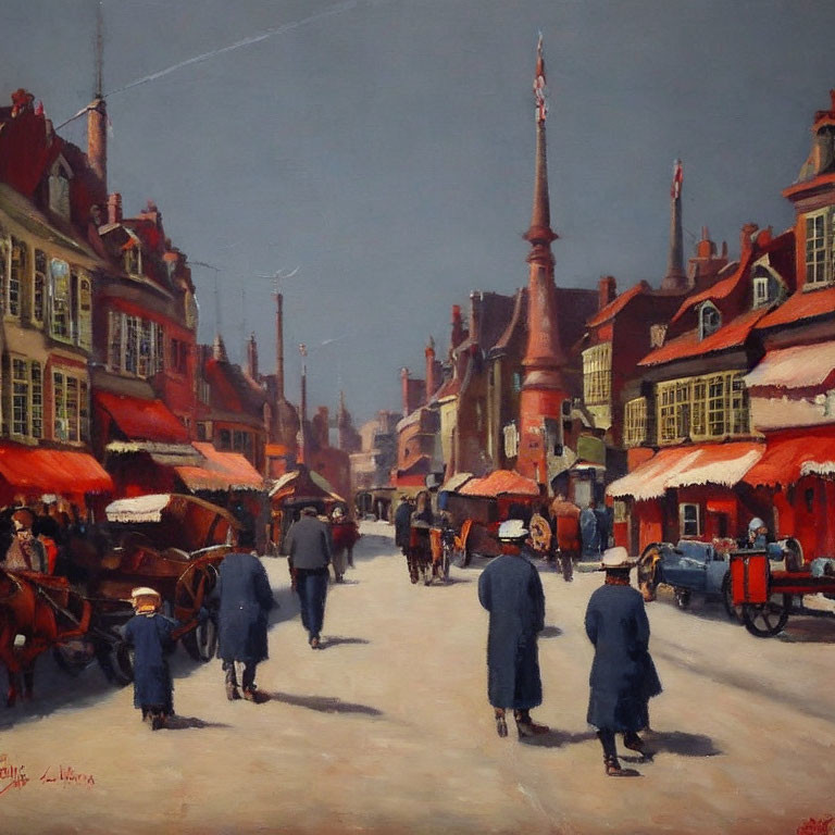 European Street Scene Painting with People, Carriages, and Stalls