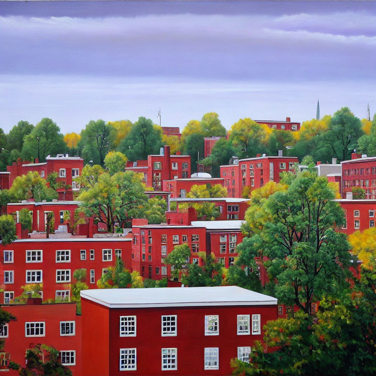 Vibrant urban landscape with red buildings, green trees, and cloudy sky.