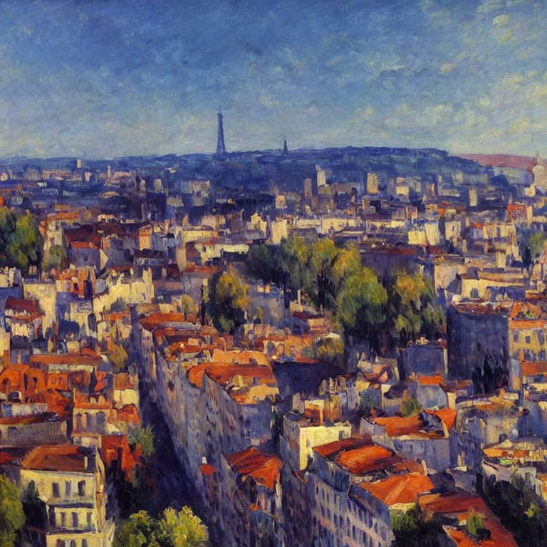 Panoramic Impressionist Cityscape with Eiffel Tower in Blue Sky