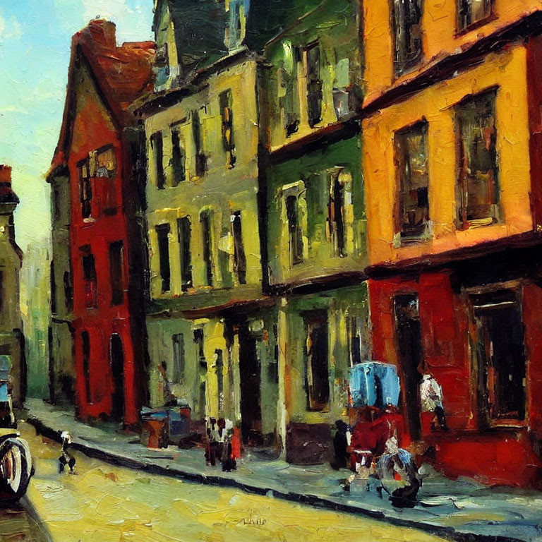 Vibrant impressionist urban street scene with colorful buildings and figures.