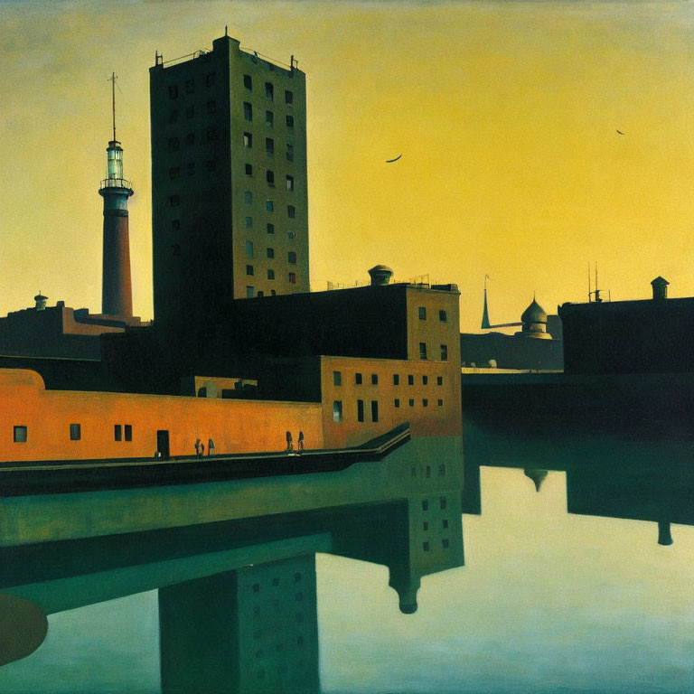 Urban skyline painting with lighthouse, tall buildings, and silhouetted figures at dusk.