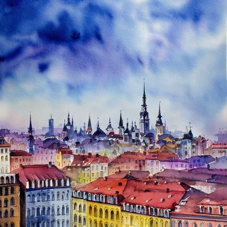 Colorful Watercolor Cityscape with Dynamic Sky