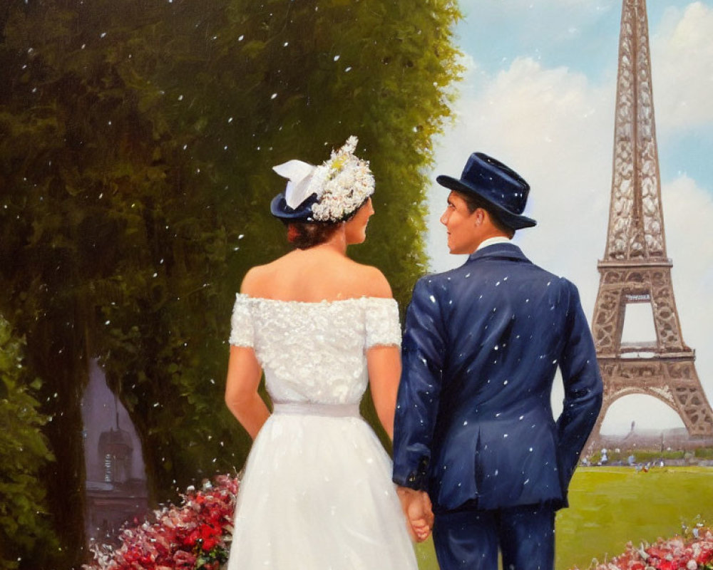 Wedding couple holding hands at Eiffel Tower garden.