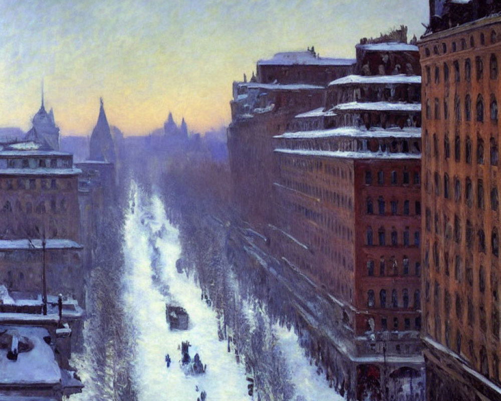 Snow-covered winter cityscape with horse-drawn carriages and distant city silhouettes.