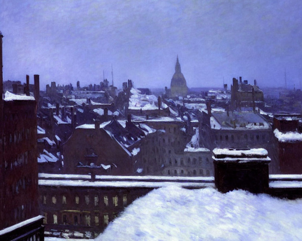 Winter cityscape: Snow-covered rooftops and distant dome architecture under cold, overcast sky