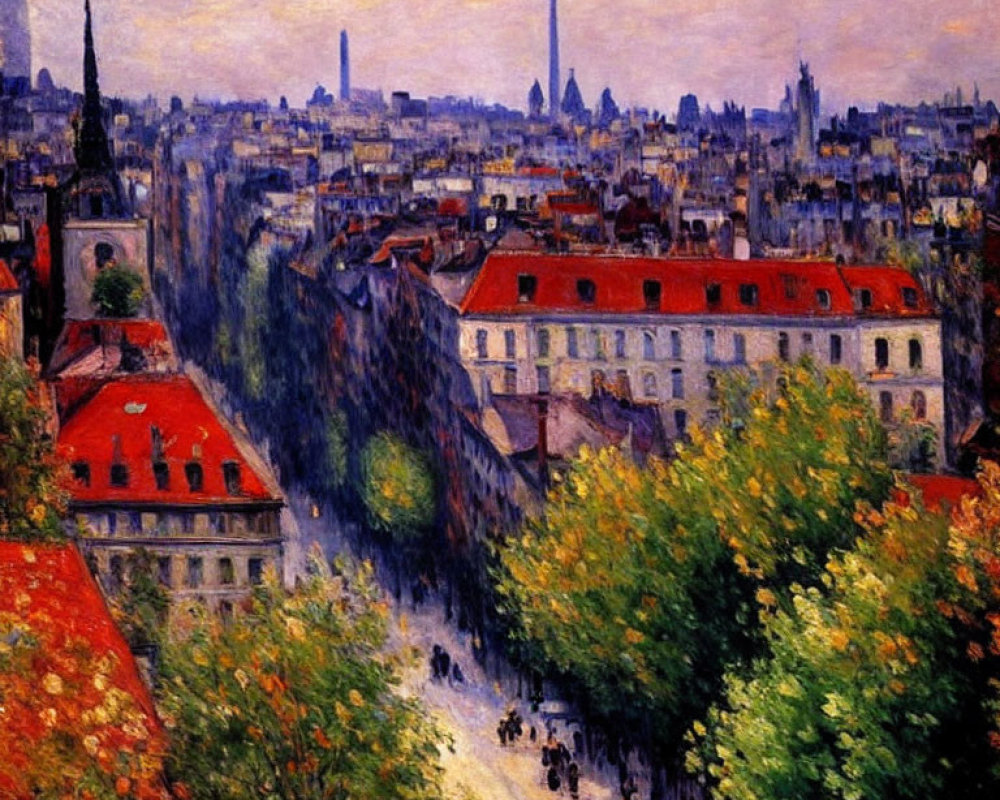 Cityscape painting: Paris rooftops, trees, streets, Eiffel Tower view
