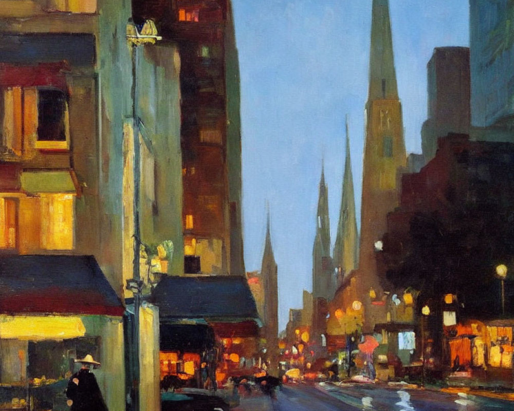 Vibrant city street painting at dusk with illuminated buildings.