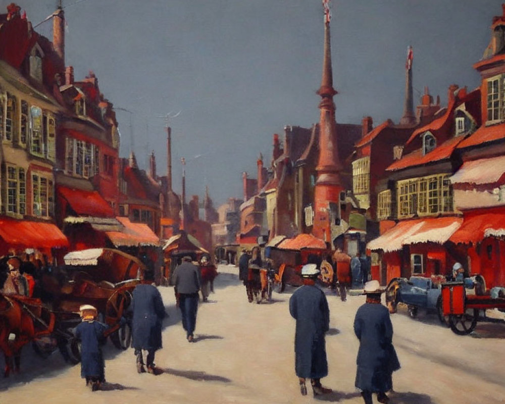 European Street Scene Painting with People, Carriages, and Stalls