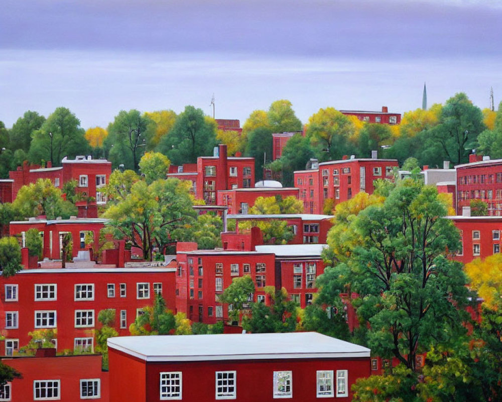 Vibrant urban landscape with red buildings, green trees, and cloudy sky.