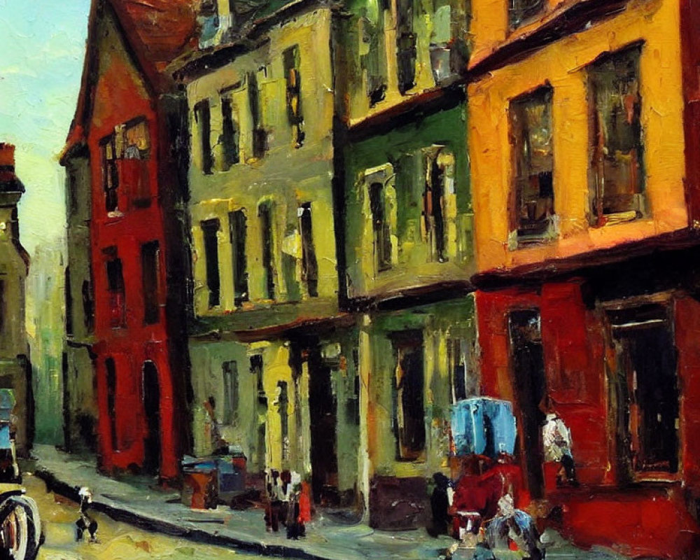 Vibrant impressionist urban street scene with colorful buildings and figures.