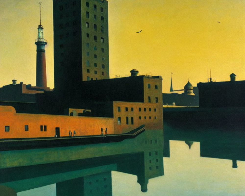 Urban skyline painting with lighthouse, tall buildings, and silhouetted figures at dusk.