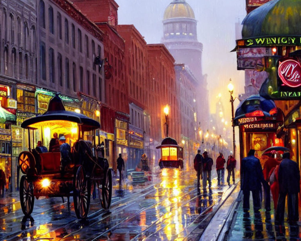 Busy city street at dusk with pedestrians, horse-drawn carriage, tram, and wet cobblestones