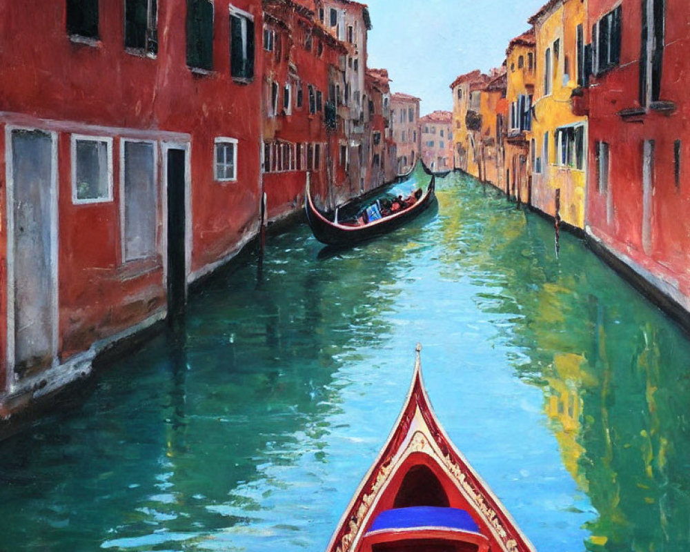 Colorful painting of Venetian canal with red and yellow buildings and gondola.