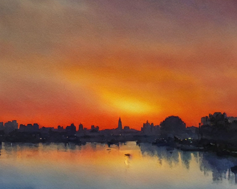 Vibrant sunset watercolor painting with orange and blue hues over city waterfront