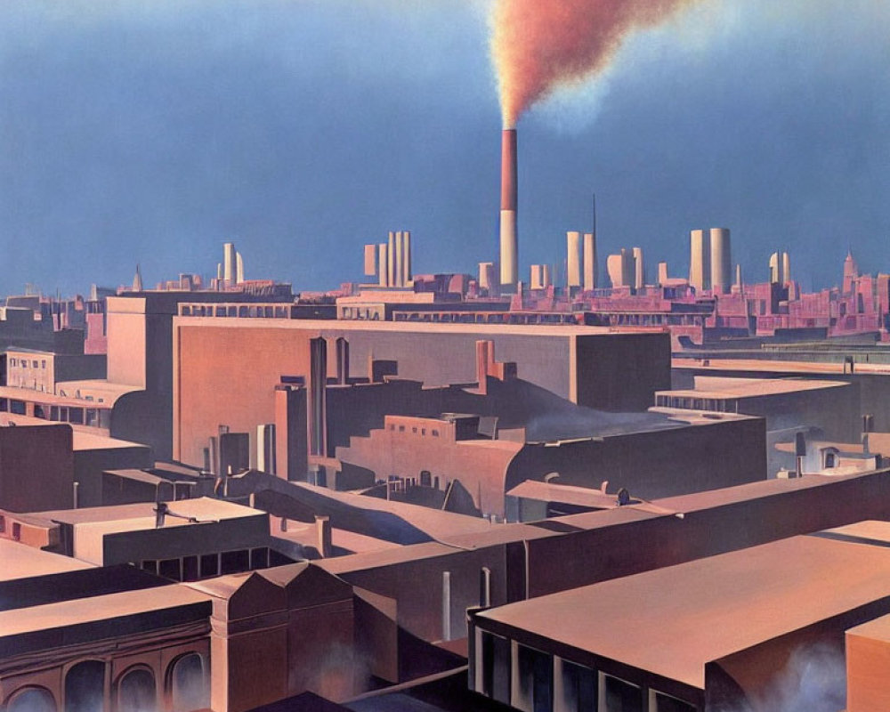 Industrial cityscape painting with multicolored smokestack against clear sky