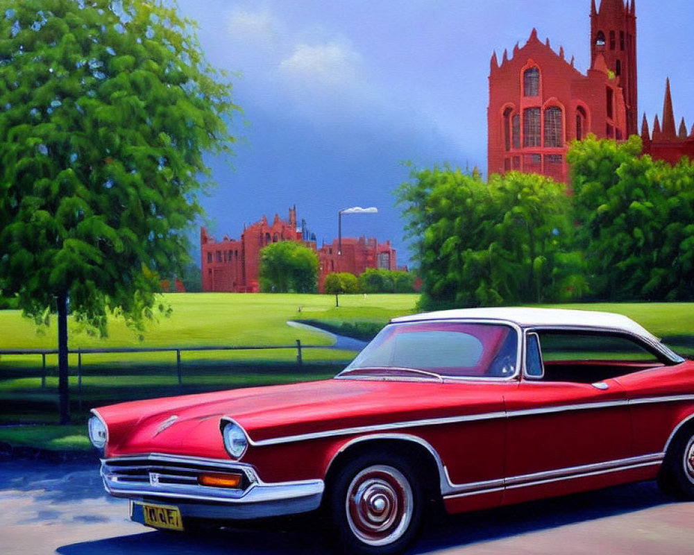 Classic red and white coupe painting with Gothic-style building and cloudy sky