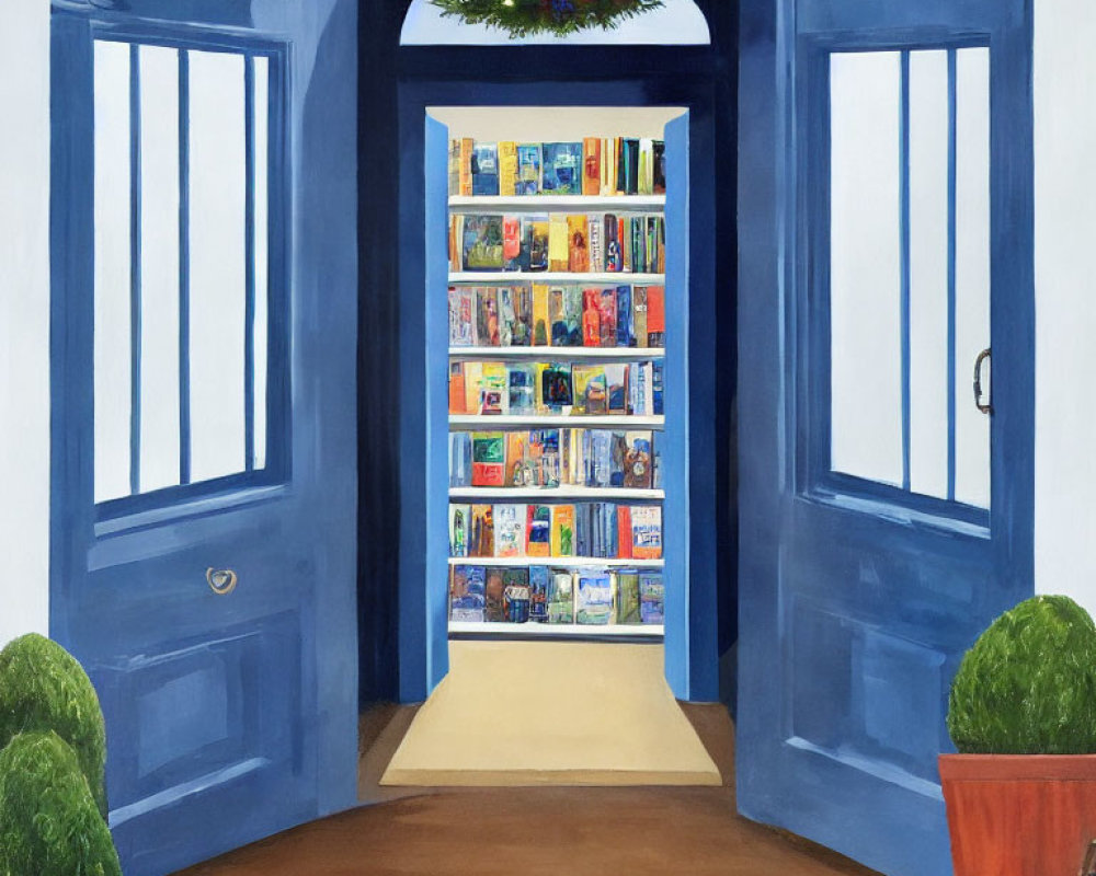 Colorful painting of open blue door to bookshop with shelves of books, plants, and festive wre