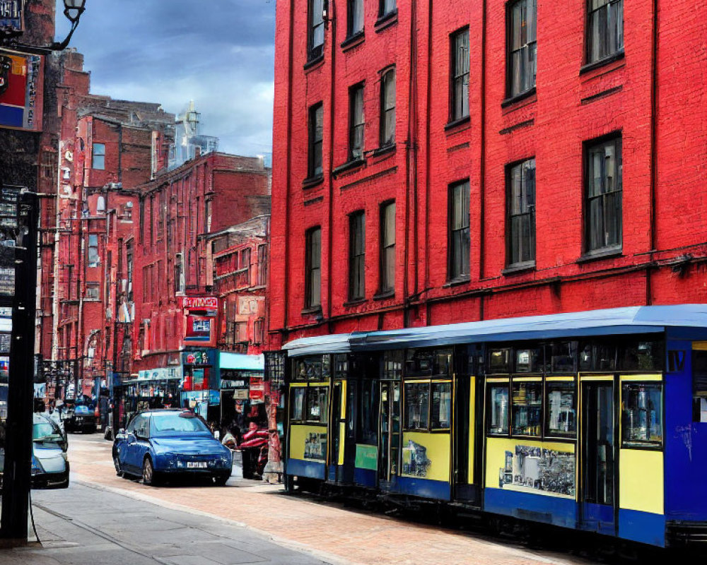 Urban street scene with red brick buildings, blue tram, cars, and pedestrians under cloudy sky