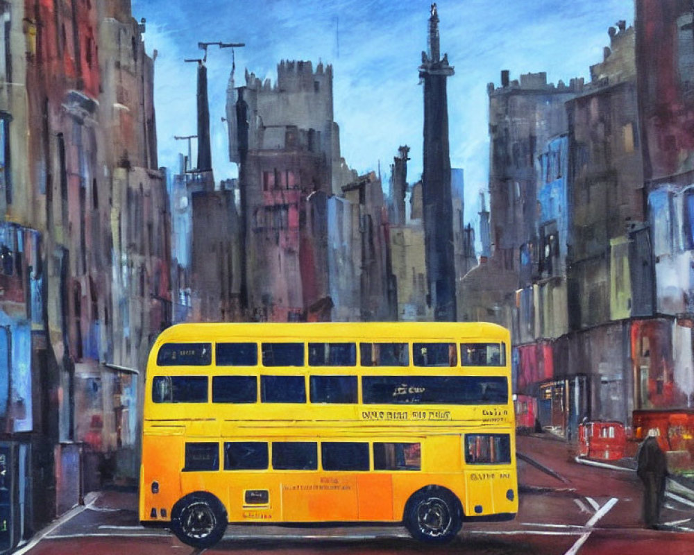 Colorful cityscape painting with yellow bus and historical buildings.