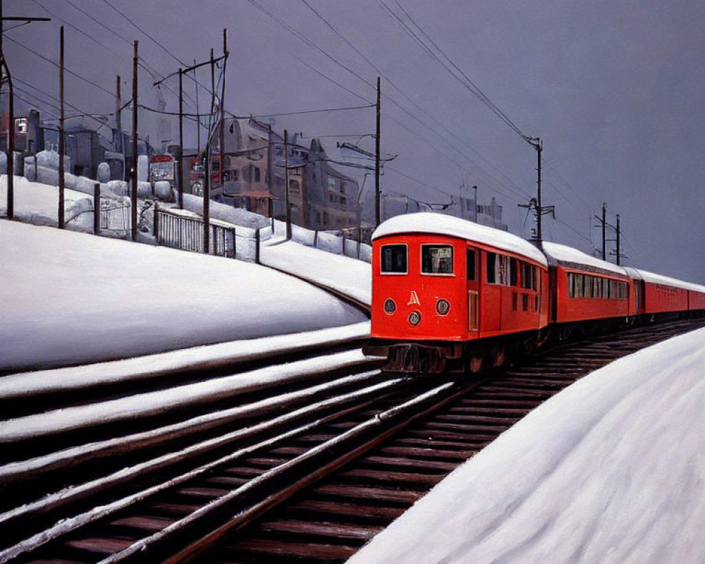 Red train on snow-covered tracks with power lines, wintry landscape.