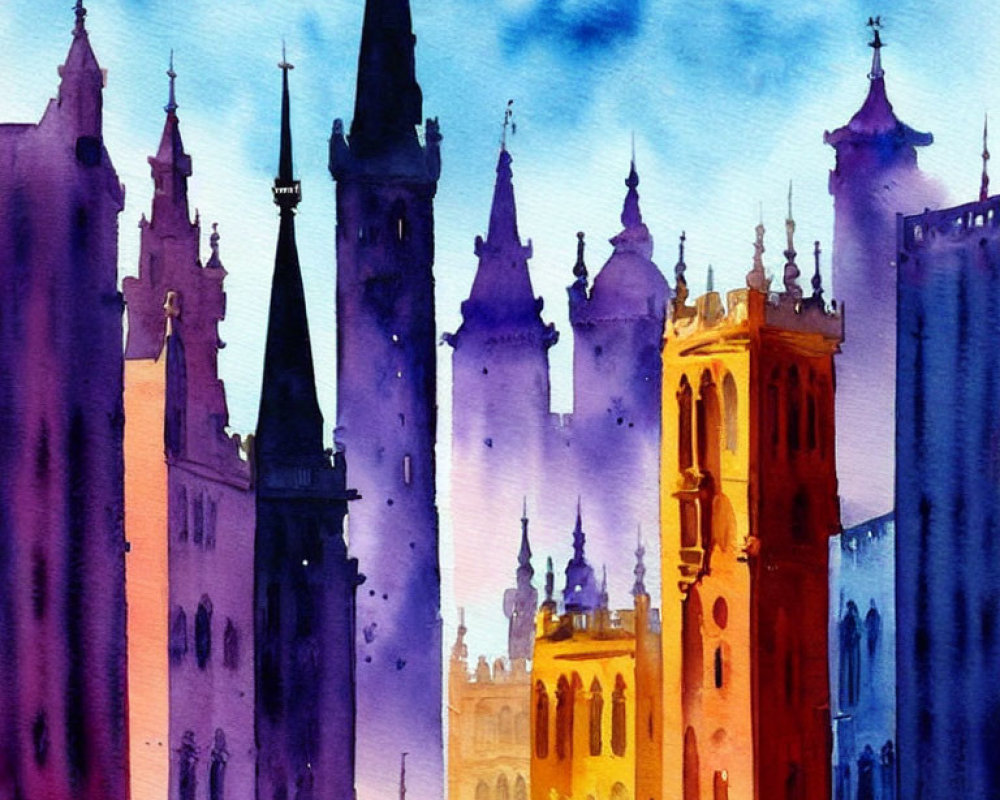 Vibrant watercolor cityscape with historic buildings under blue sky