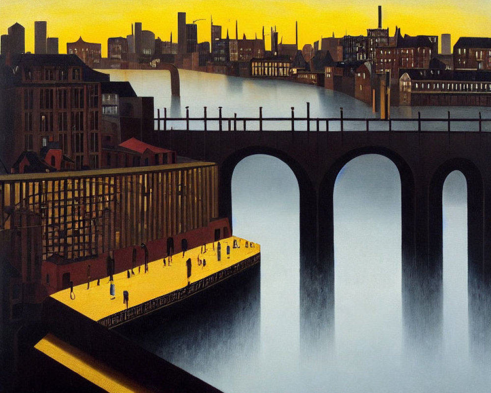 Stylized painting of industrial cityscape at sunset with buildings, bridge, figures on golden-lit