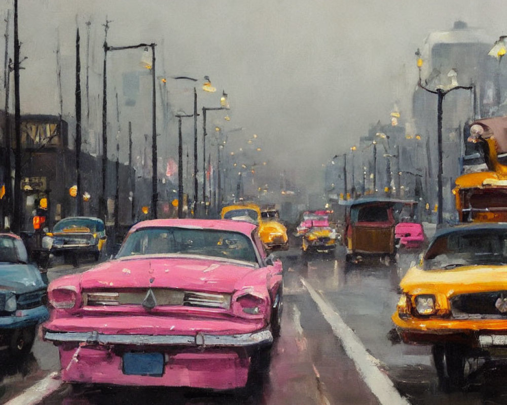 Colorful vintage cars on rainy city street with blurred cityscape.