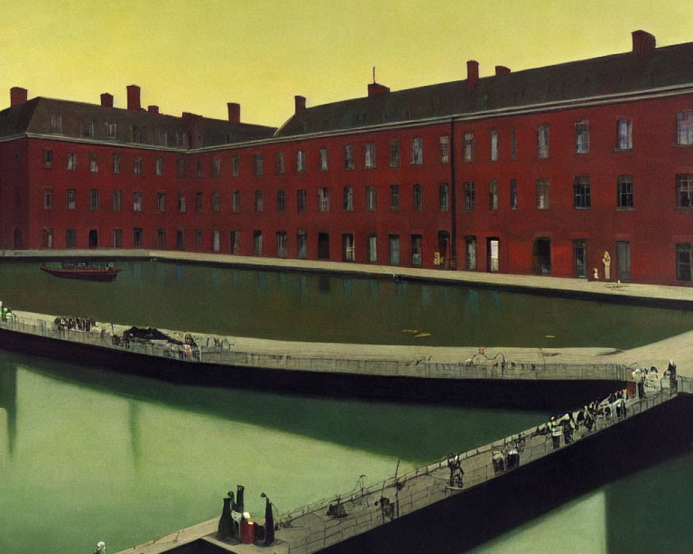 Cityscape painting: red brick building by canal with people on quay and balconies