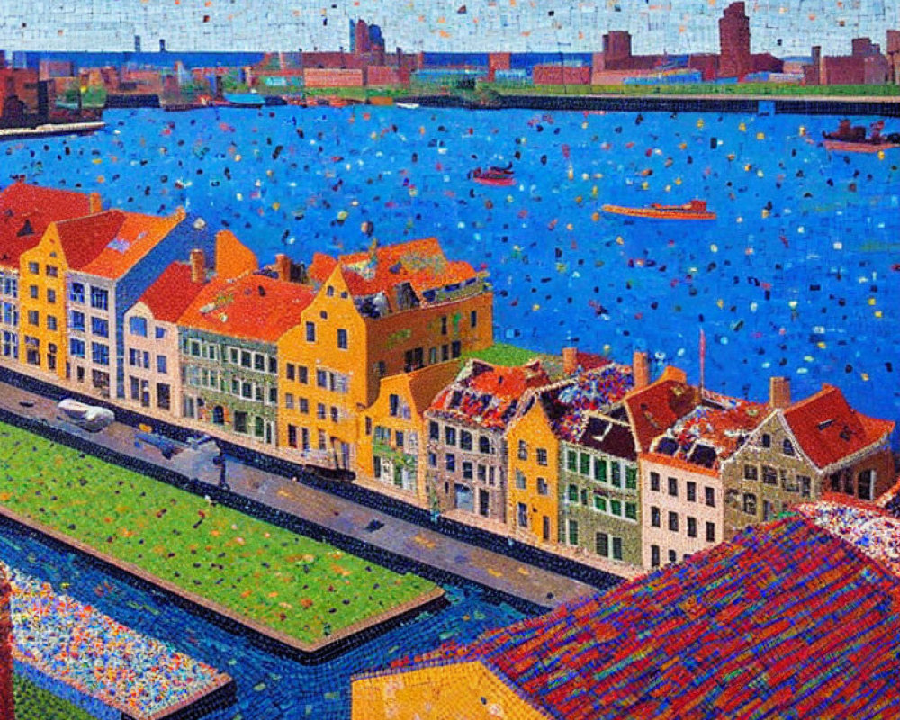 Colorful Mosaic of Riverside Town with Boats and Cityscape