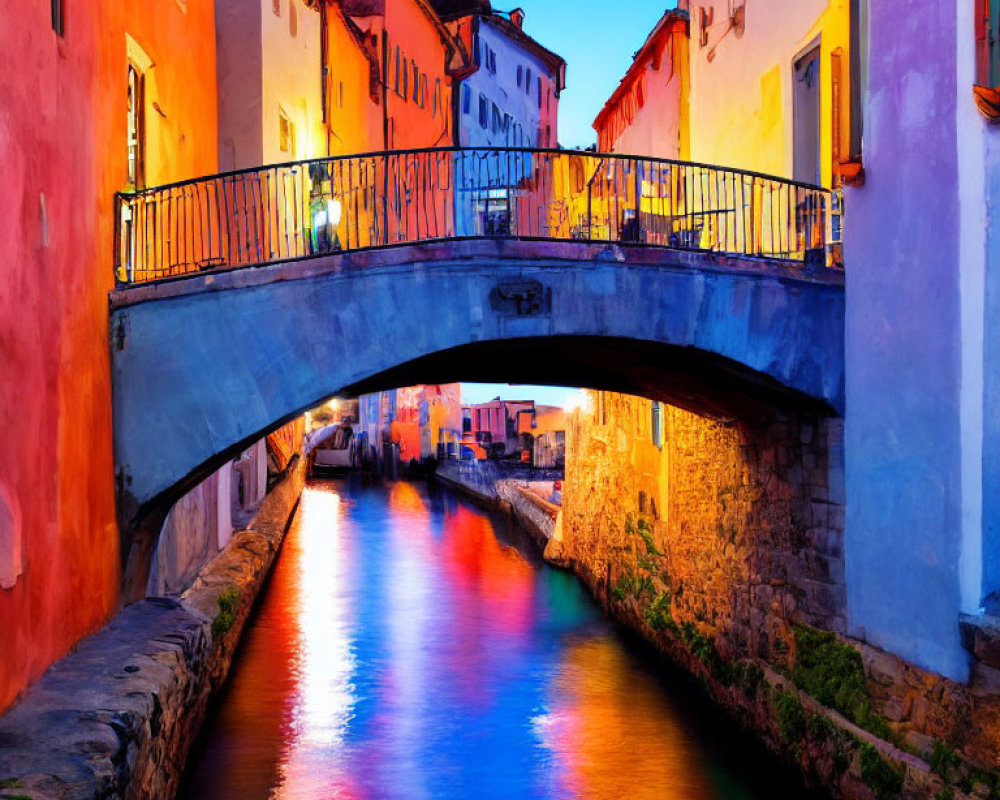 Serene canal at twilight with colorful houses and old stone bridge.