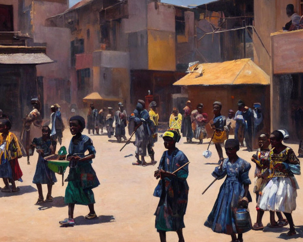 Vibrant African town street scene with people engaging in daily activities