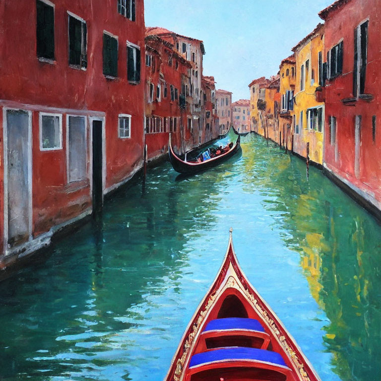 Colorful painting of Venetian canal with red and yellow buildings and gondola.