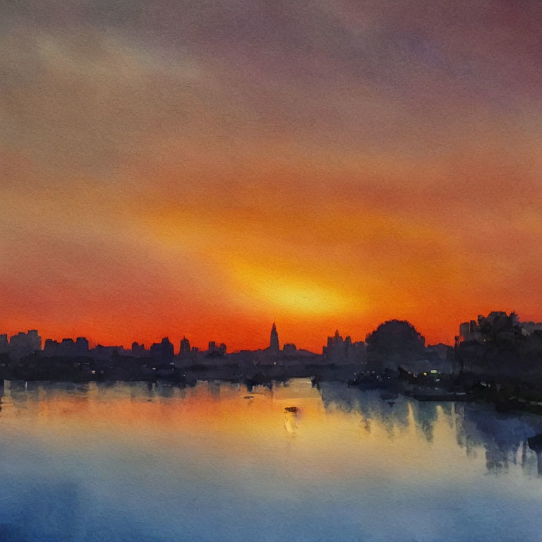 Vibrant sunset watercolor painting with orange and blue hues over city waterfront