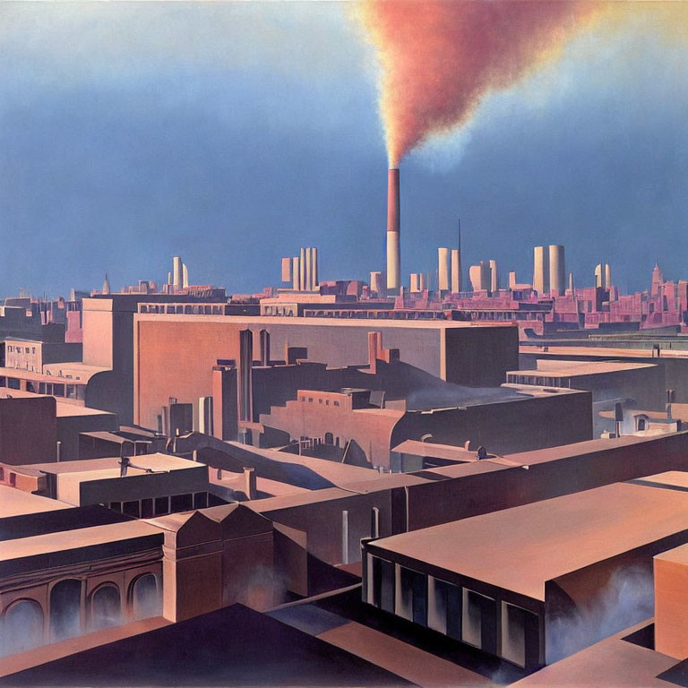 Industrial cityscape painting with multicolored smokestack against clear sky