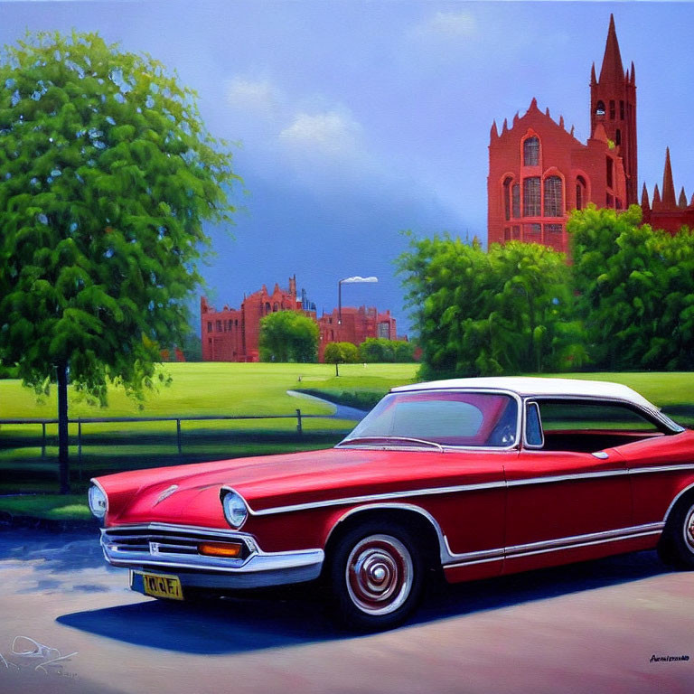 Classic red and white coupe painting with Gothic-style building and cloudy sky