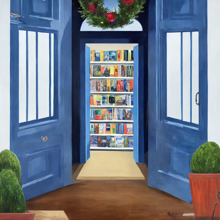 Colorful painting of open blue door to bookshop with shelves of books, plants, and festive wre