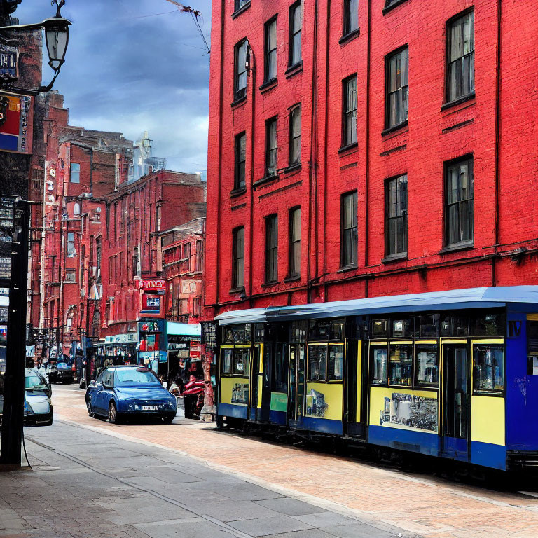 Urban street scene with red brick buildings, blue tram, cars, and pedestrians under cloudy sky