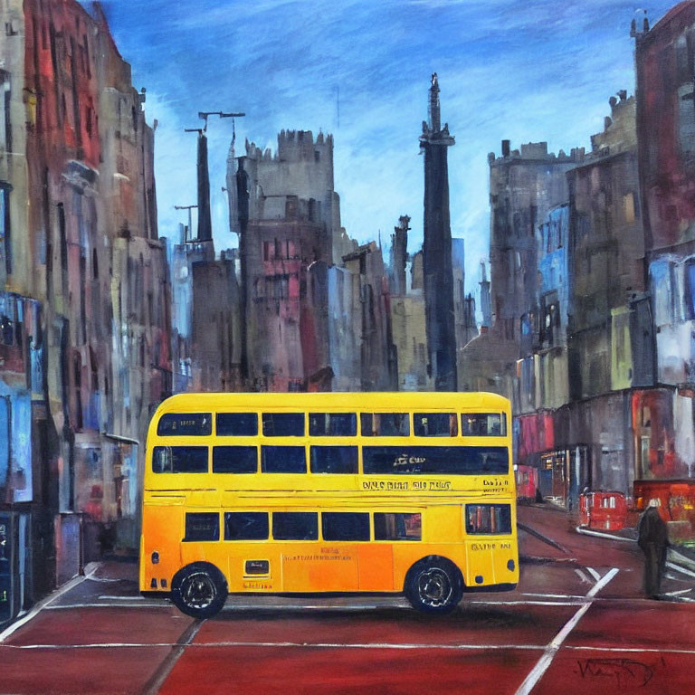 Colorful cityscape painting with yellow bus and historical buildings.