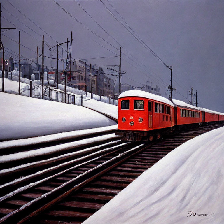 Red train on snow-covered tracks with power lines, wintry landscape.