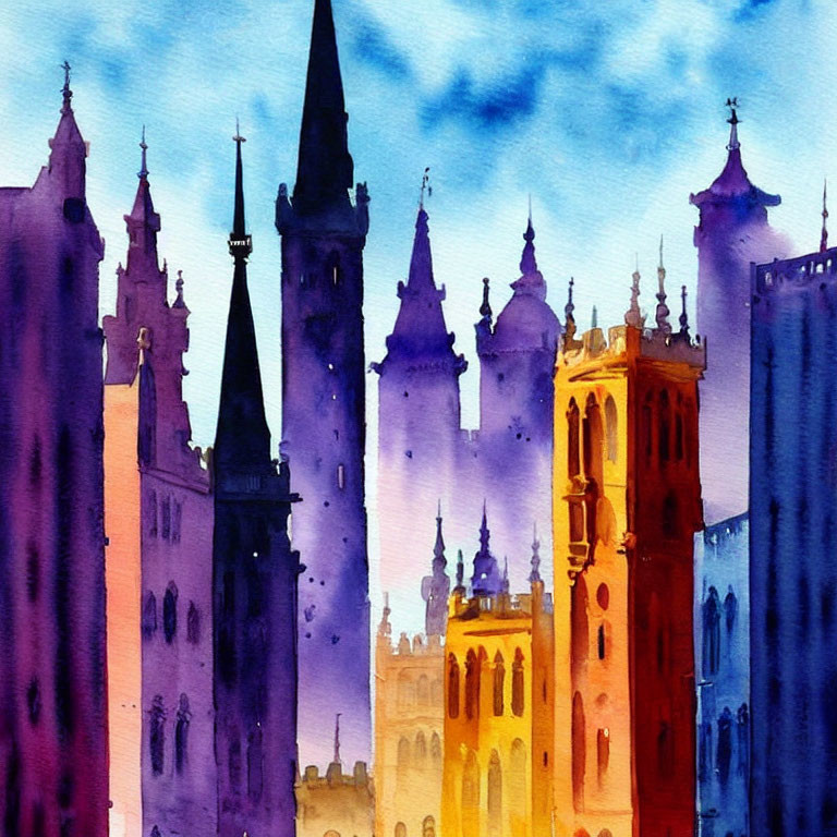 Vibrant watercolor cityscape with historic buildings under blue sky